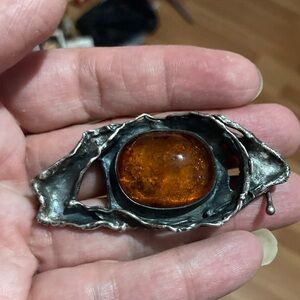 Sterling Silver and Amber Eye Brutalist Brooch